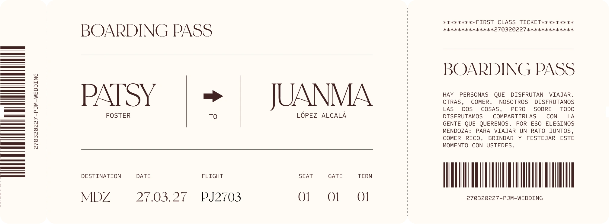 Boarding Pass · Patsy & Juanma · MDZ · 27.03.27 · vuelo PJ2703